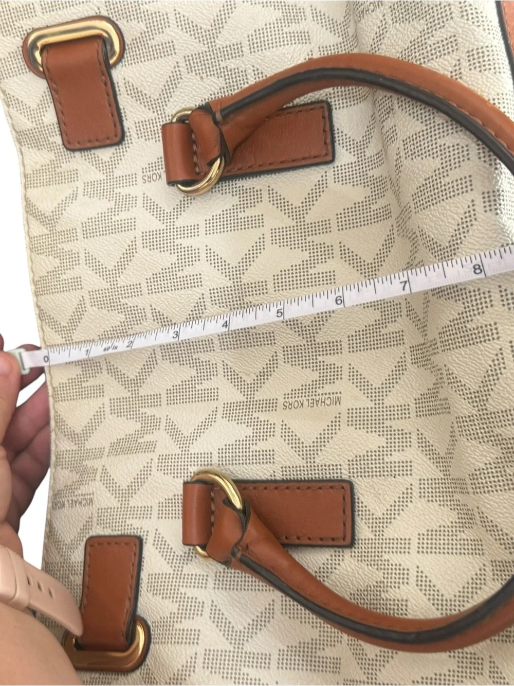 Michael Kors Beige MK Monogram Hamilton with Brown Trim and Gold Hardware